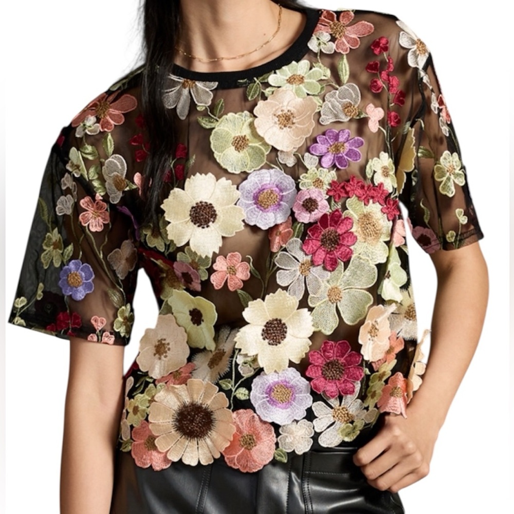 Dolan Sheer Black Floral Embroidered Short Sleeve Blouse
